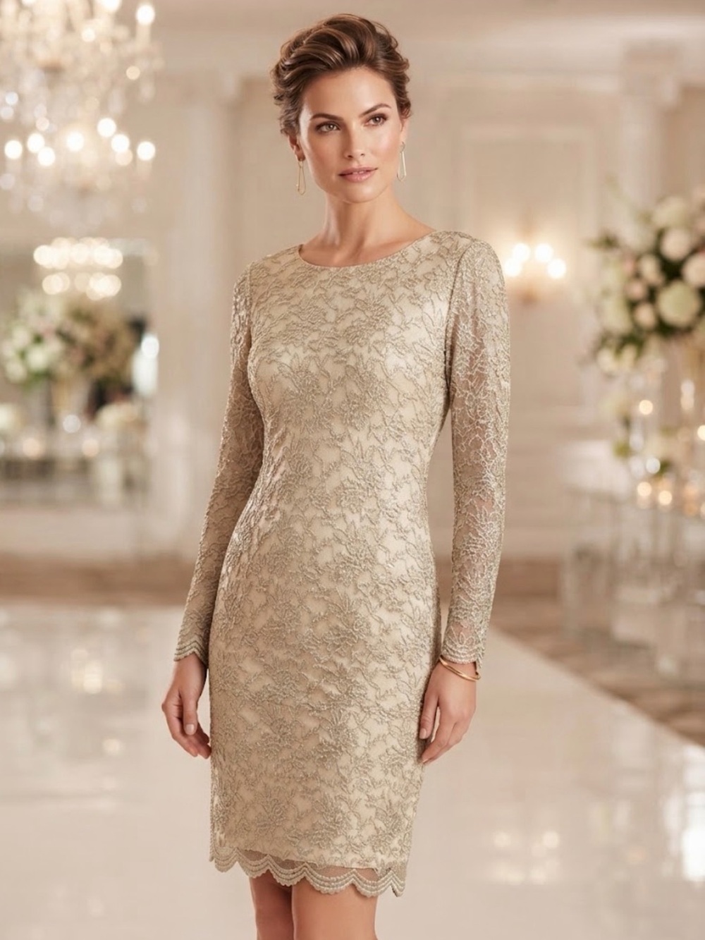 Lauren Ralph Lauren Metallic Lace Sheath Dress Gold/ Beige Size 6